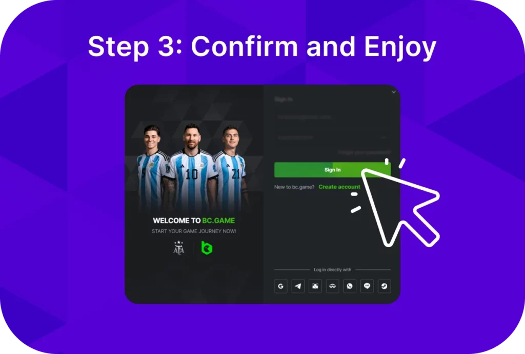 Third step for signing in BC.Game